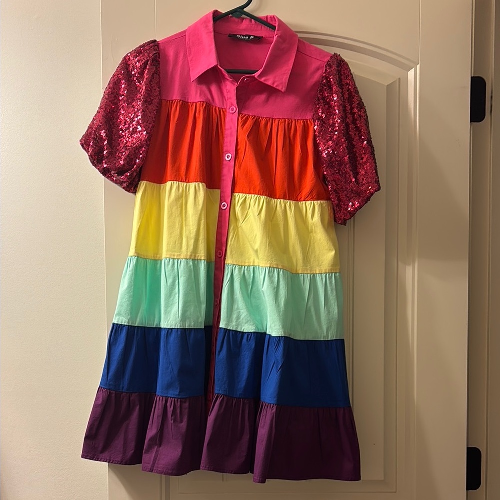 Colorful Rainbow Dress with Sequin Sleeves